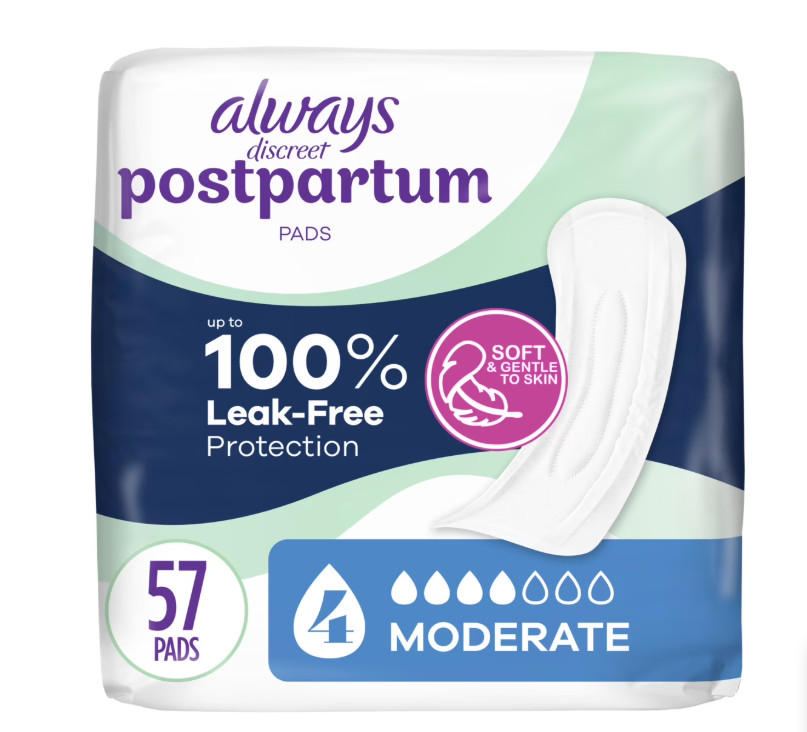 Always Discreet Postpartum Incontinence Pads, Moderate Absorbency, 57 CT