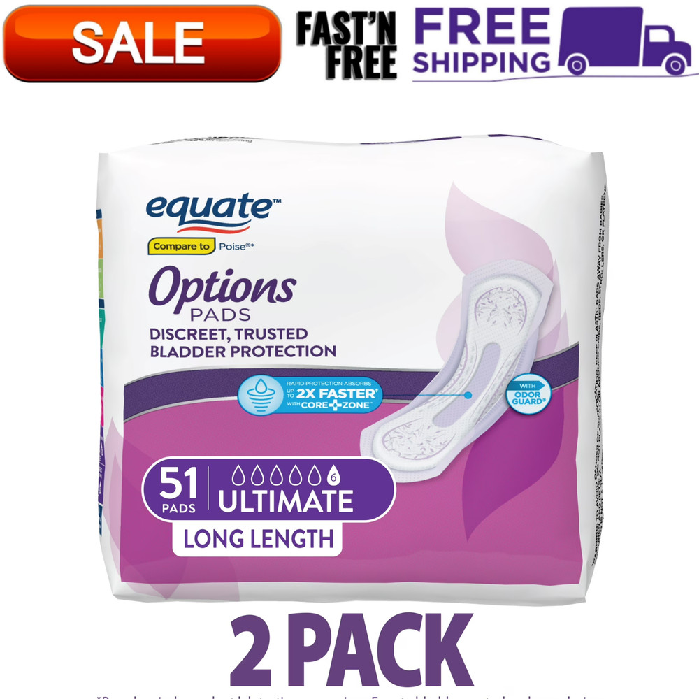 Equate Options Women’s Incontinence Pads – Long , Ultimate Absorbency, 102 count