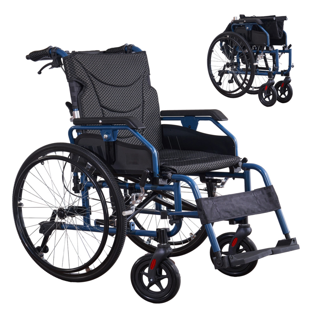 Aluminium multi-functional manual wheelchair with 24-inch quick wheel blue