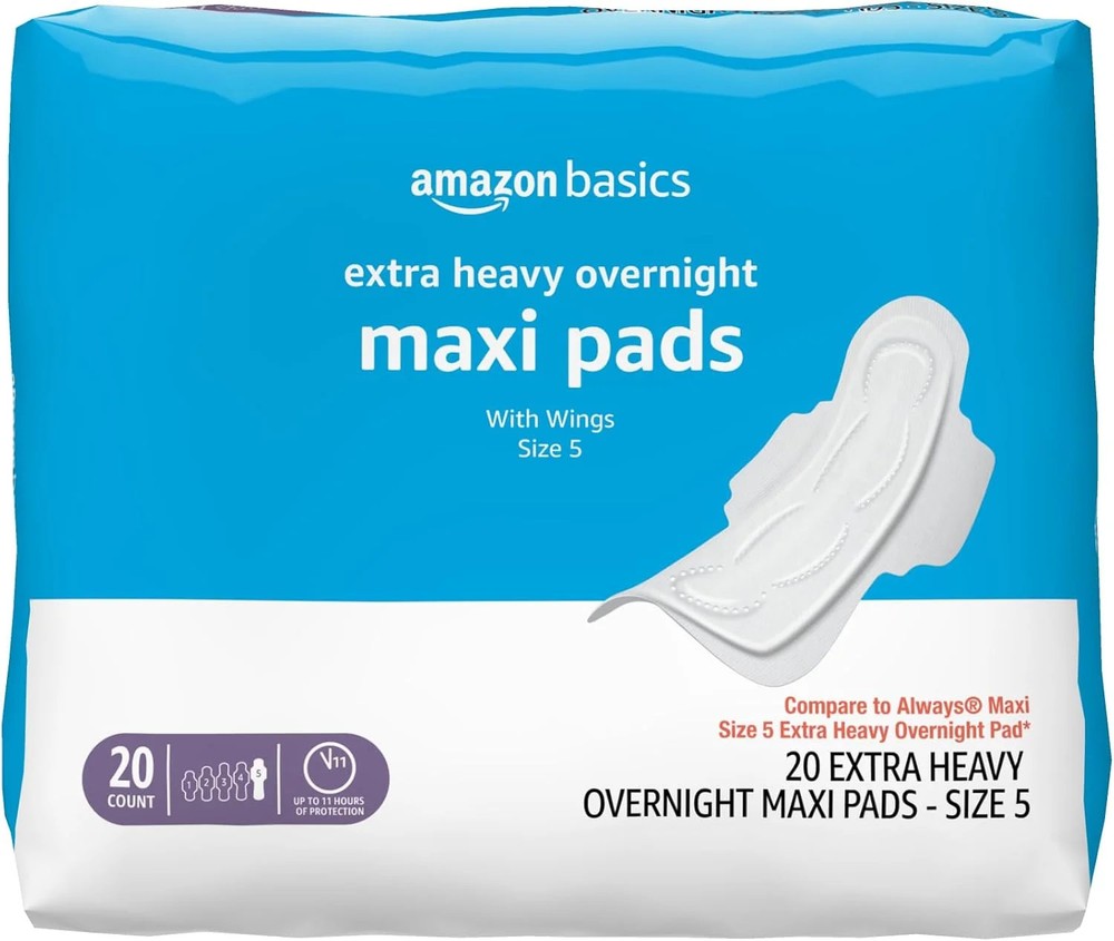 Amazon Basics Thick Maxi Pads with Wings for Periods, Extra Heavy Overnight Abso
