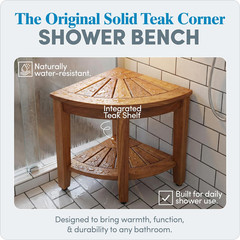 the Original 15.5″ Kai Corner Teak Shower Bench – Shower Stool with Storage Shel