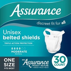 Assurance Unisex Incontinence Belted Shields, Moderate Absorbency, 30 Count