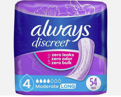 Always Discreet Incontinence Pads Moderate Absorbency Long Length 54 Count
