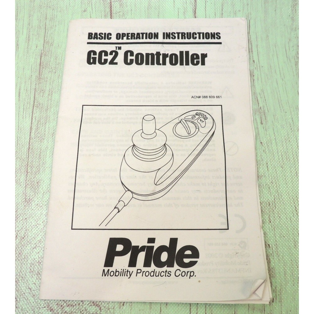 Pride Mobility GC2 Joystick Controller Basic Operation Instructions Manual