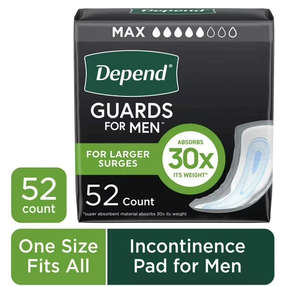 Depend Guards Incontinence Pads for Men, Maximum Absorbency, 52 Count Free Ship