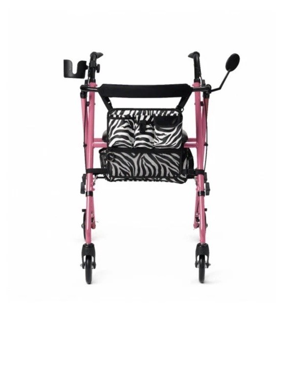 Medline Pink 4-Wheel Foldable Rollator w/ Seat, Handbrakes & Zebra Bag