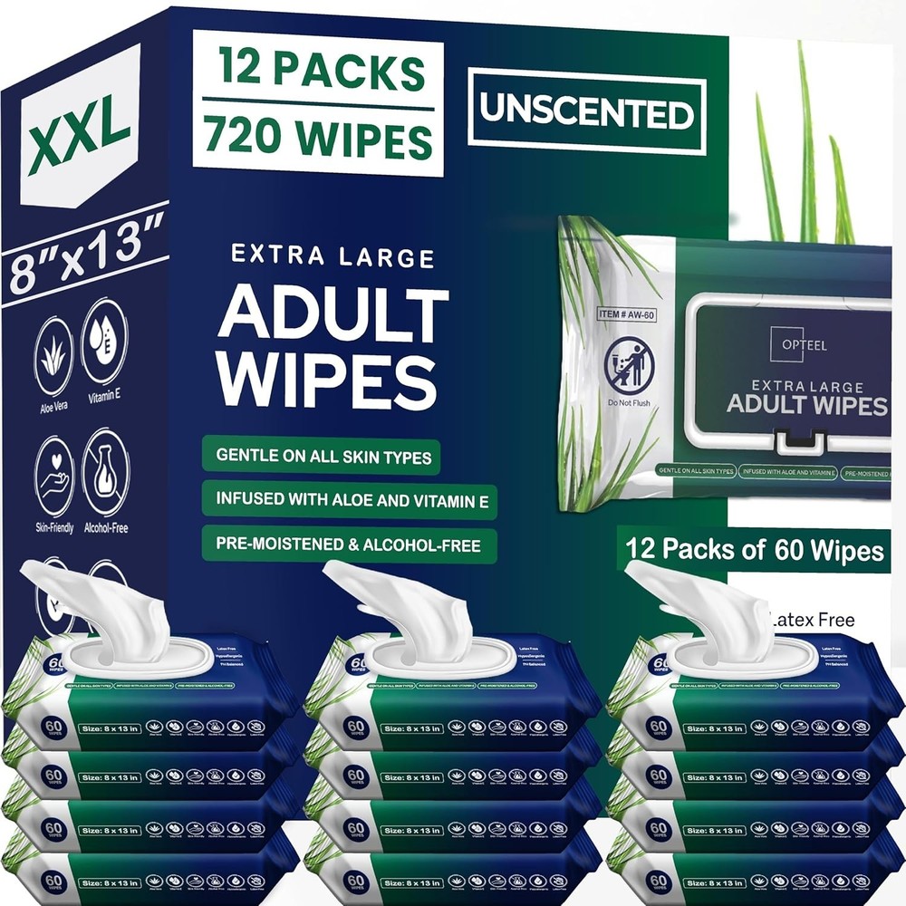 Adult Wipes 720ct Extra Large 8×13 Bathing Incontinence Aloe Vitamin E