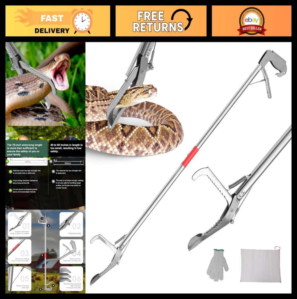 Extra Long 78″ Folding Snake Grabber Tool – Stainless Steel, Corrosion Resistant