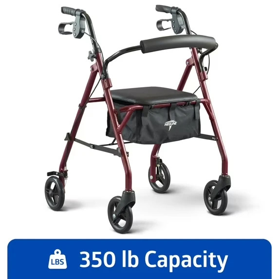 Medline Steel Rollator Walker for Adult Mobility Impairment Burgundy 350 lb.
