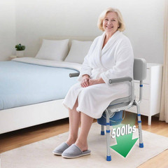 Gray Drop Arm Bedside Commode with Padded Seat, Backrest, Removable Bucket and A