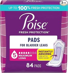 Poise Incontinence Pads, Maximum Absorbency, Regular & Long, 84 count