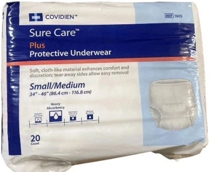 Covidien Sure Care 1605 Adult Disposable Pull On Up Underwear Diapers S/M 20 Ct
