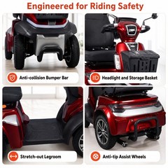 Heavy Duty 4-Wheel Mobility Scooter 25-37 Miles Range 4-Speed, 700lbs Load, Red