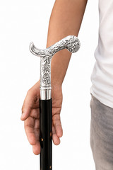 Luxury Silver Handle Walking Cane Black Wooden Shaft Vintage Style Stick