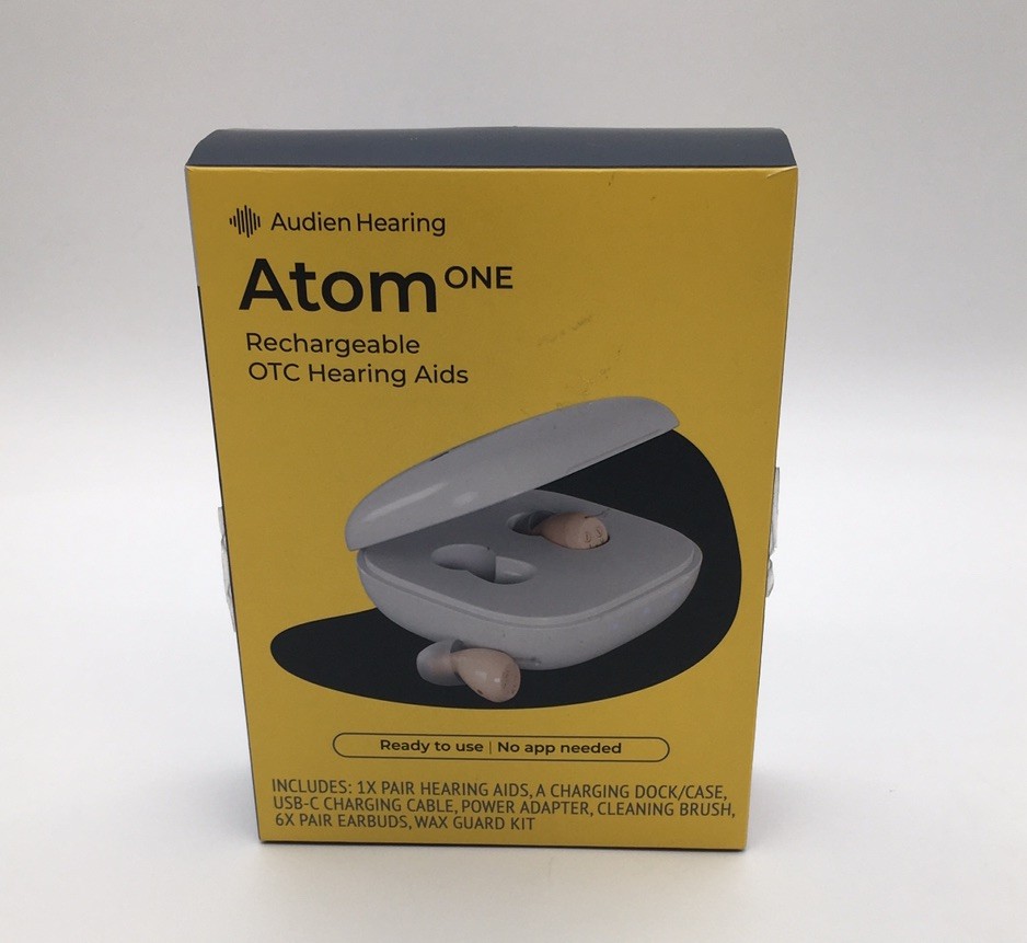 AUDIEN HEARING ATOM ON RECHAREABLE OTC HEARING AIDS OPEN BOX