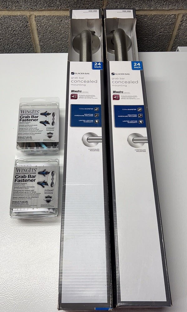 2 Glacier Bay 24” Brushed Stainless Steel Grab Bar’s + Wing It Mounting Kits New