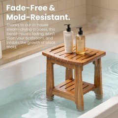 14″ Compact Teak Shower Stool with Shelf & Handle – Waterproof, 300 lbs Capacity