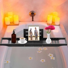 Bathtub Tray Caddy Black – Bath Tray Black – Bath Tub Table Tray Caddy – Bamb…