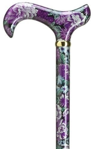 LADIES PURPLE PANSIES GARDEN FLOWERS FLORAL WOODEN WALKING CANE DERBY HANDLE