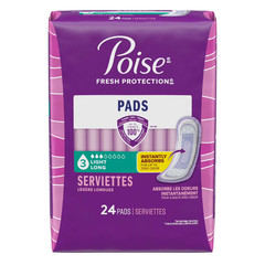 4Pk Poise Incontinence Pads for Women,3 Drop Light Absorbency, Long Length, 24Ct