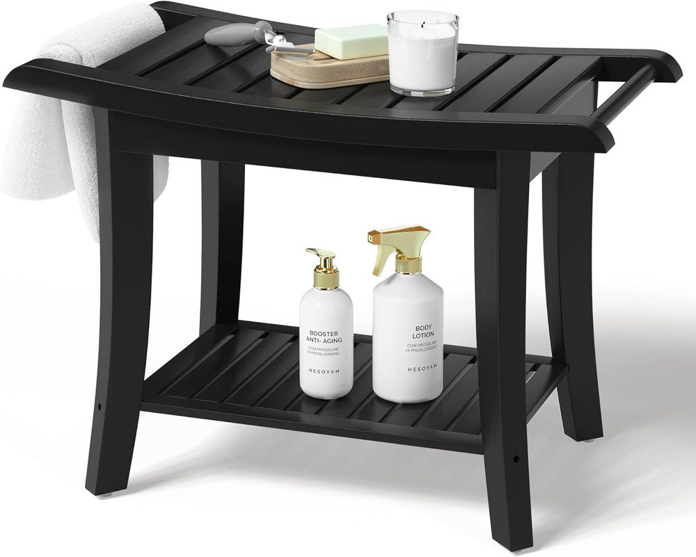 Bamboo Shower Bench inside Shower Stool with Space-Efficient Storage Shelf, Show