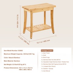 Bamboo Shower Bench Stool Chair 19.1×11.3×18.3in 330lb Capacity