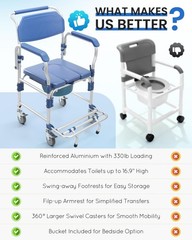 irtme Bedside 4in1 Commode Shower Chair w/ Drop Arms & Lock Casters, Alum, 330lb