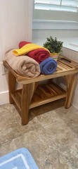 Solid Teak Shower Bench w/Shelf Arms Scandinavian Vibe Bath Spa Safety Seat 24″