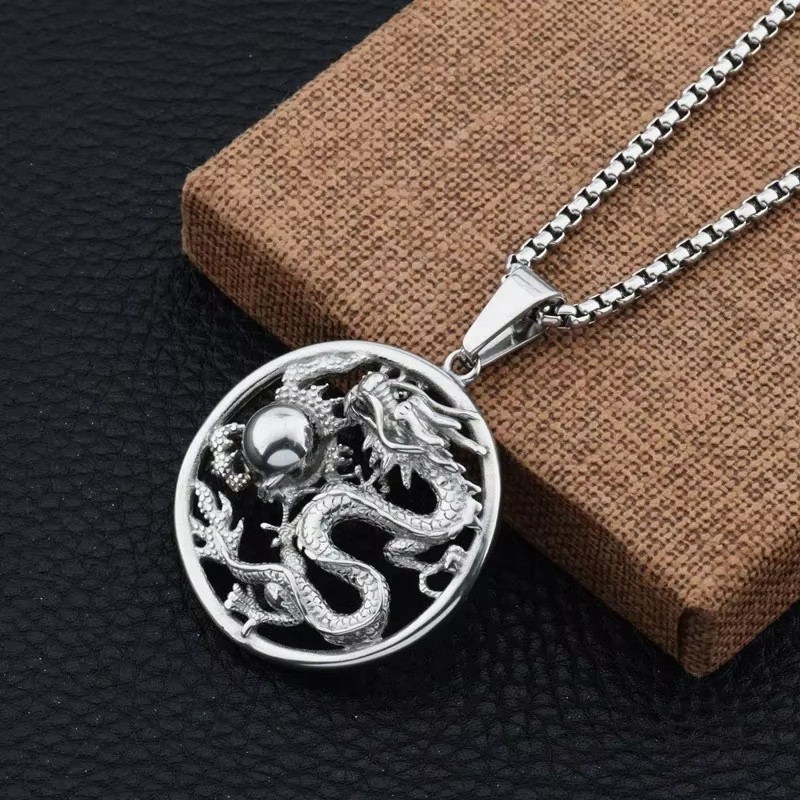 Chinese Zodiac Dragon Necklace Medal Pendant Hip Hop Amulet Lunar New Year Gift