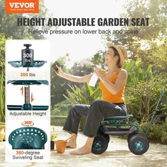 360° Swivel Seat & Tool Tray & Steering Handle, Rolling Workseat, Green