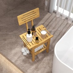 Bathroom Bamboo Shower Bench – Spa Bath Shower Stool with Storage Shelf
