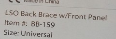DR MEDICAL DRMS LSO UNIVERSAL SIZE BACK BRACE W/FRONT PANEL BB-159**NEW