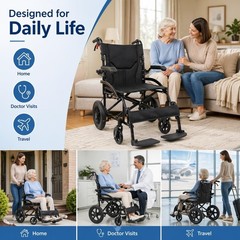 Lightweight Folding Transport Wheelchair w/6″ Front 12″ PU Mag Wheel & Handbrake
