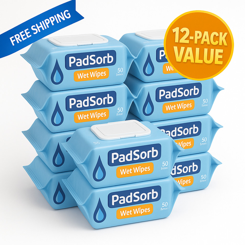 Padsorb Wet Wipes 8″x12″ Fragrance-Free Hypoallergenic , 12 Packs of 50