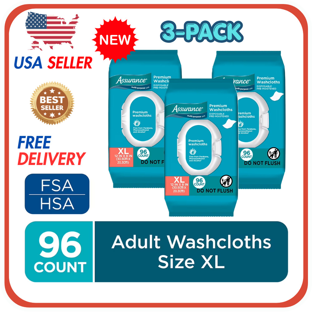 Assurance Premium Disposable Washcloth 96 Pack of 3 Wipes XL Count | Extra Large
