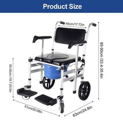 Shower Wheelchair 17.7in Aluminum Alloy Commode Bathroom Wheelchair for Disabled
