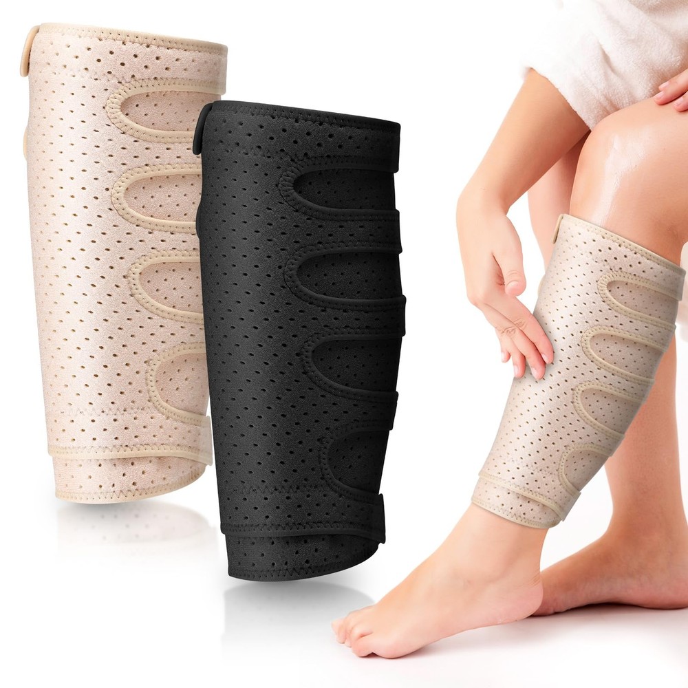 Hoolerry 2 Pcs Lymphedema Compression Wraps Calf Adjustable XL, Beige, Black