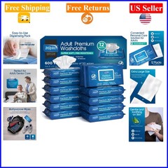 Adult Wet Wipes with Aloe & Vitamin E, 8x12in, 600 Count, 12 Packs of 50
