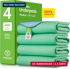 IMPROVIA® Washable Underpads, 34″ x 36″ (Pack of 4) – Heavy Absorbency Reusable