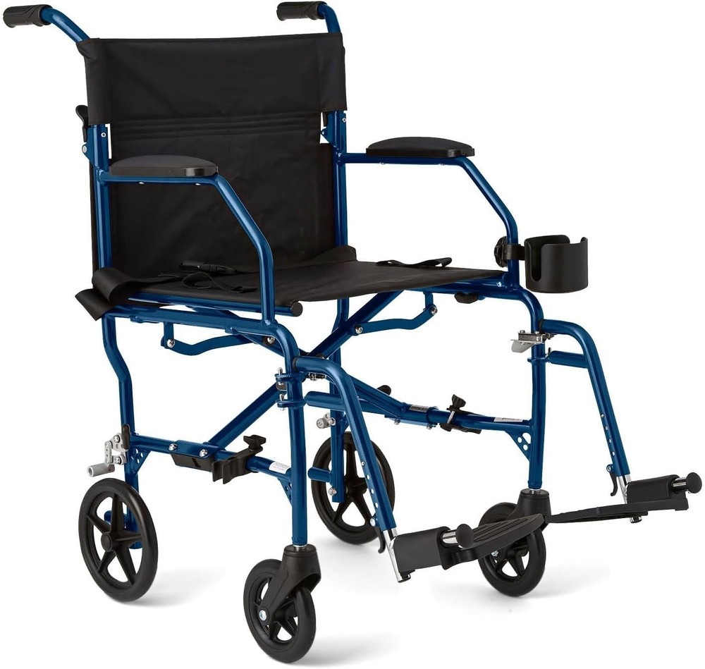 Medline Ultra Lightweight Foldable Transport Wheelchair 19in Seat Adults Blue.