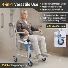 4 in 1 Bedside Commode Chair Medical Shower Wheelchair 350lbs for Elderly Senior
