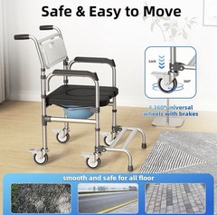 4-in-1 Adjustable Height Bedside Commode or Shower Chair w/ Wheels, 350 lb