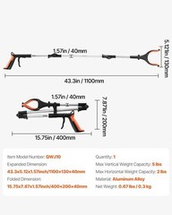 43″ Foldable Reacher Grabber Tool w/ 360�� Rotating Jaw, Magnet & LED Light