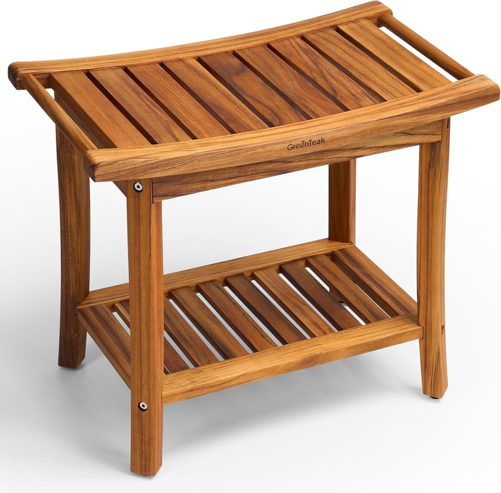 22″ Teak Shower Bench with Handles Waterproof Teak Shower Stool 300 Lbs Capacity