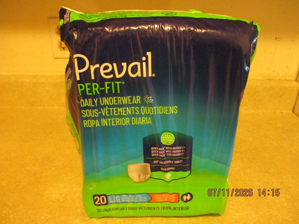 Prevail Pre-Fit Daily Underwear Lot of 4 (80 Count) L/G Men Or Woman Odor Guard