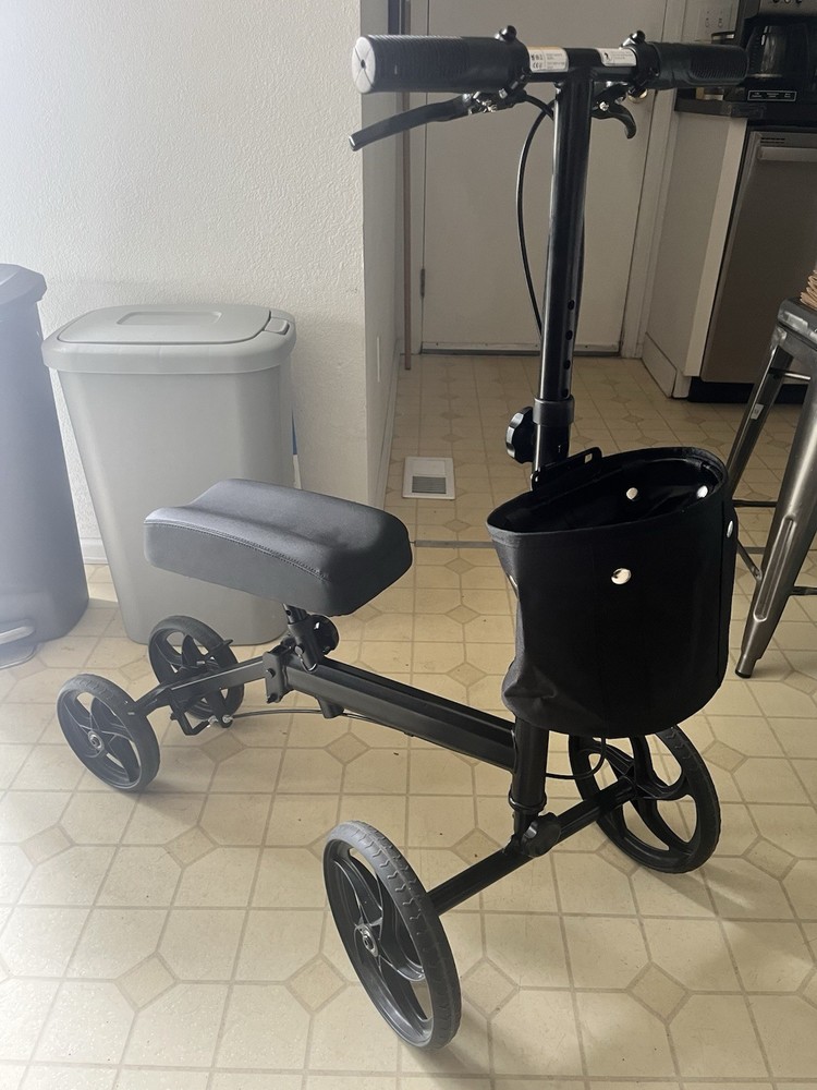 ZENART Adjustable Knee Walker Black 4-Wheel Foldable with Handbrakes & Basket