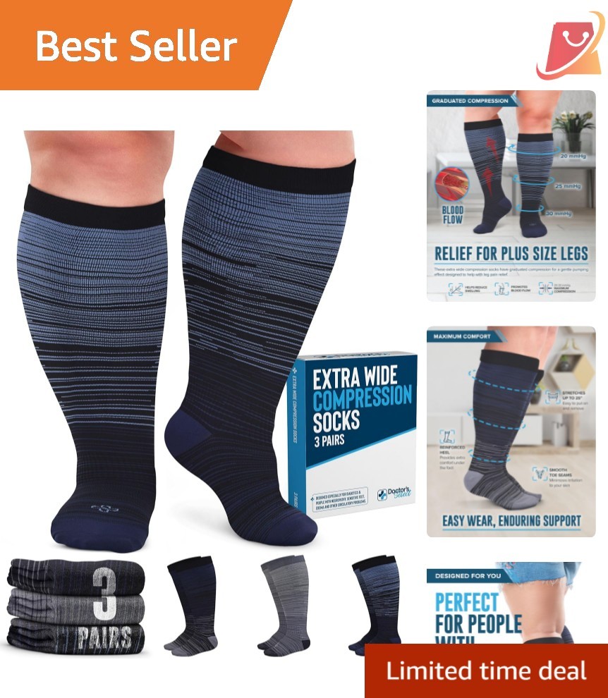 Plus Size Compression Socks Wide Calf 6XL 20-30mmHg Support 3 Pairs Line Patt…