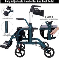 Winlove 2-in-1 Rollator Walker Transport Chair w/ Padded Seat for Seniors