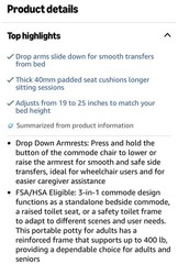 Drop Arm Bedside Commode Toilet with Padded Seat and Backrest, 6.3QT Bucket Read