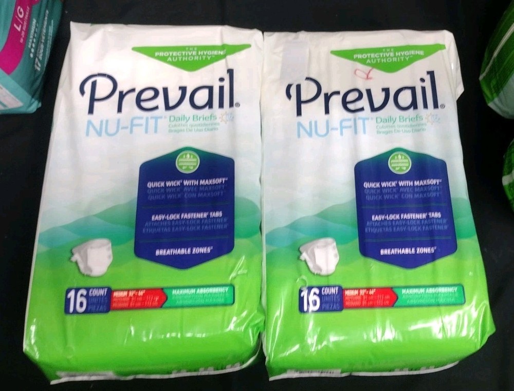 New Lot of 2 – 16 Pack Prevail Nu Fit Medium Adult Diapers Daily Briefs 32″ 44″